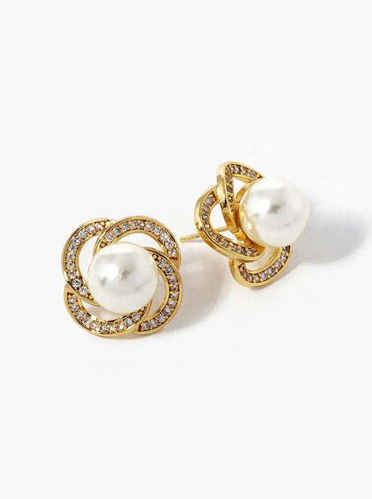 18k Gold Dipped Designer Inspired CZ Pave Pearl Flower Stud Earrings