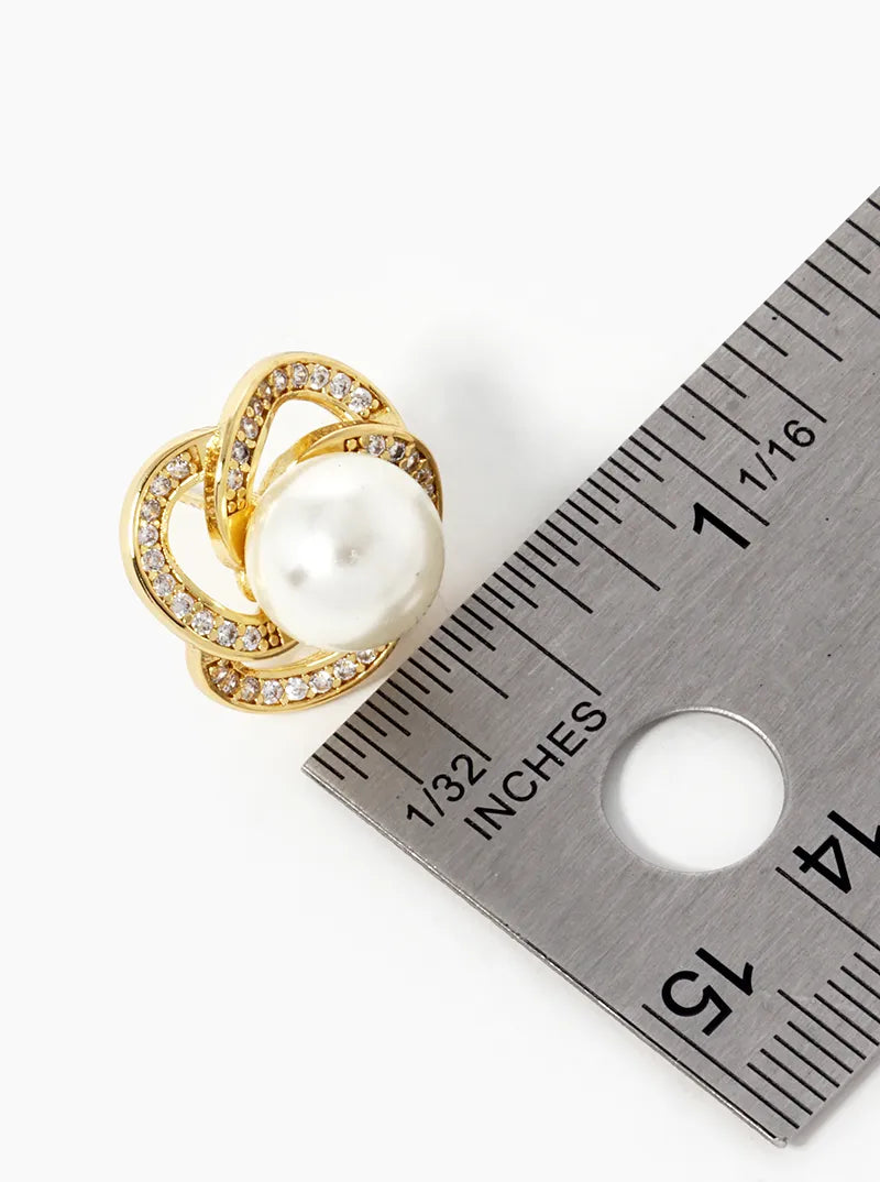 18k Gold Dipped Designer Inspired CZ Pave Pearl Flower Stud Earrings