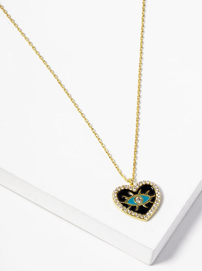 18k Gold Dipped Enamel Evil Eye In CZ Pave Heart Pendant Necklace