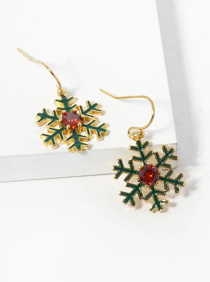 18k Gold Dipped Enamel Filled Snowflake Dangle Earrings