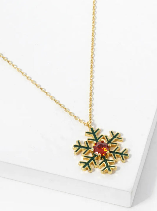 18k Gold Dipped Enamel Filled Snowflake Pendant Necklace