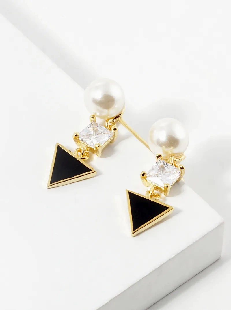 White Gold Dipped Geometric CZ Pearl Dangle Post Stud Earrings