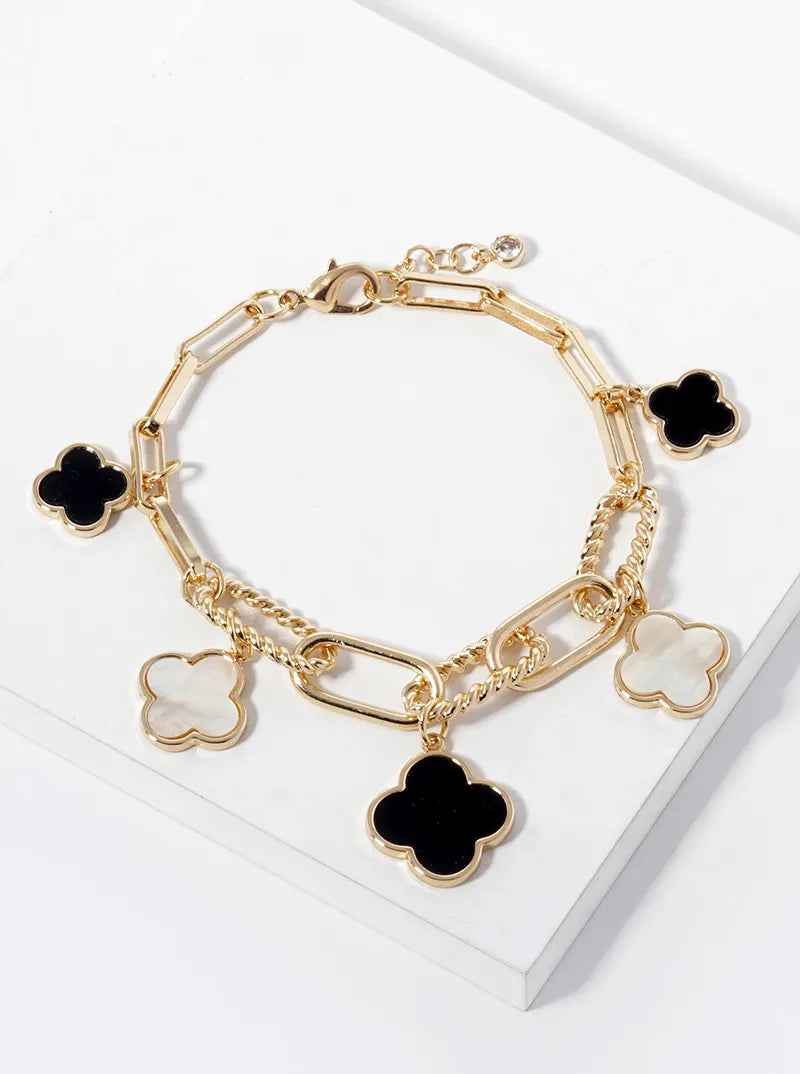 18k Gold Dipped Graduated Five Quatrefoil Charms Link Chain Bracelet