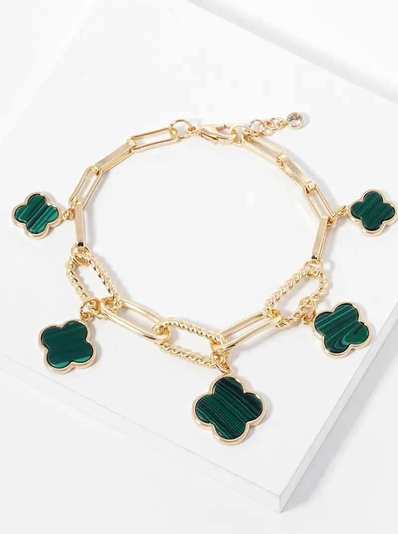 18k Gold Dipped Graduated Five Quatrefoil Charms Link Chain Bracelet
