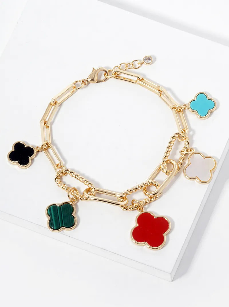 18k Gold Dipped Graduated Five Quatrefoil Charms Link Chain Bracelet