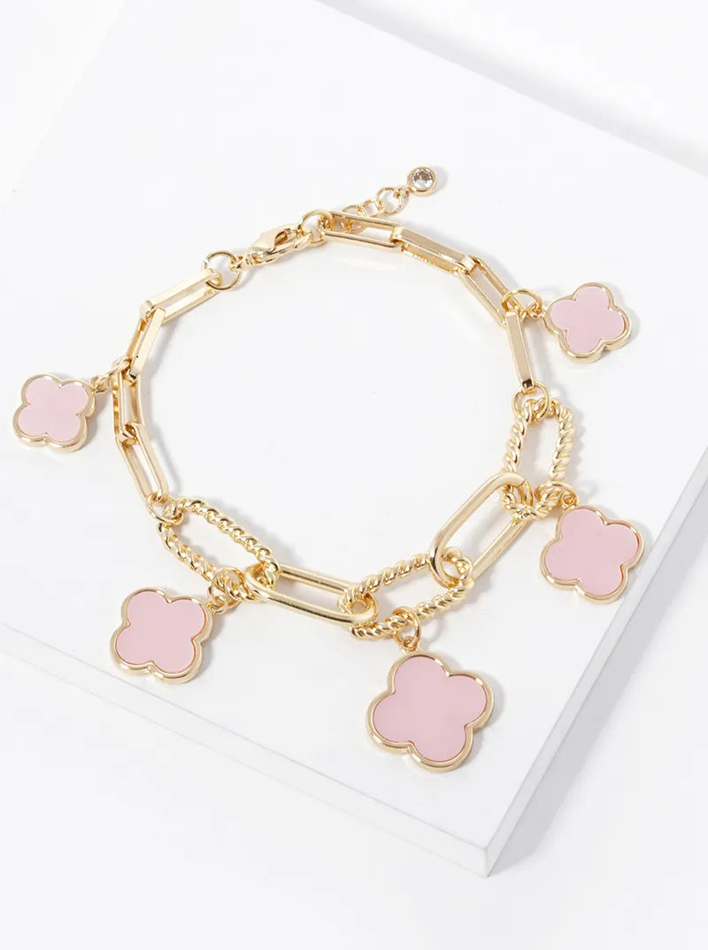18k Gold Dipped Graduated Five Quatrefoil Charms Link Chain Bracelet