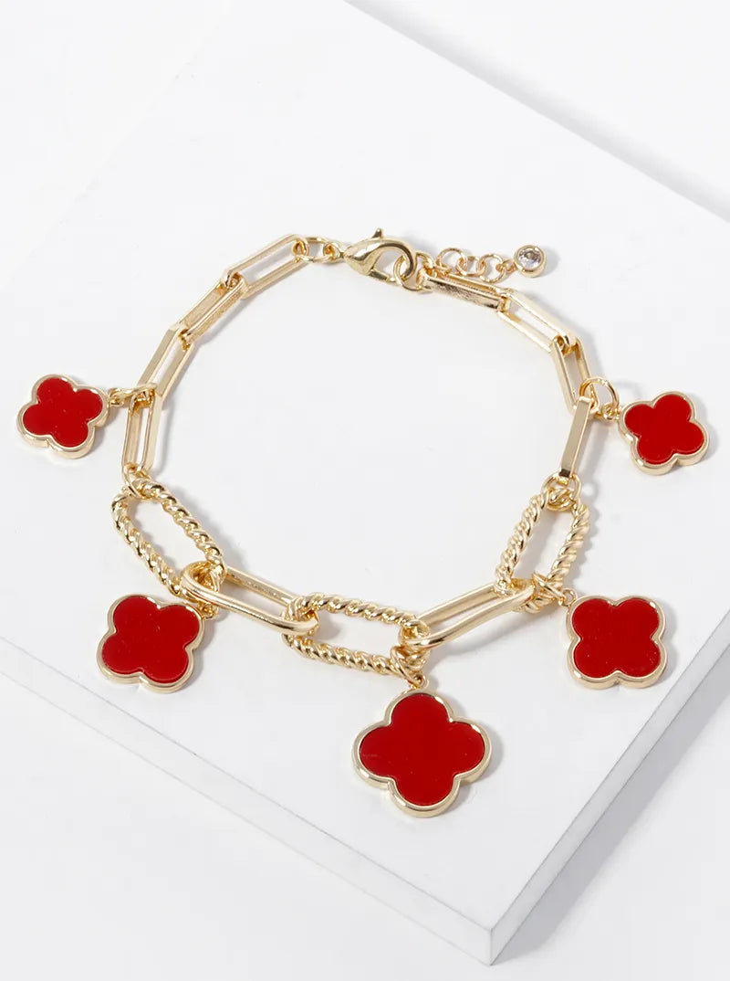 18k Gold Dipped Graduated Five Quatrefoil Charms Link Chain Bracelet