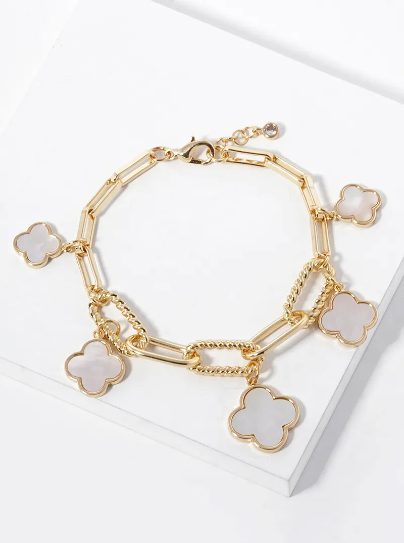 18k Gold Dipped Graduated Five Quatrefoil Charms Link Chain Bracelet