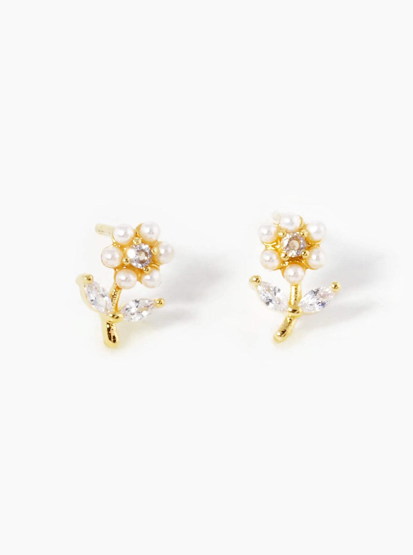 18k Gold Dipped Pearl And CZ Flower Stud Earrings