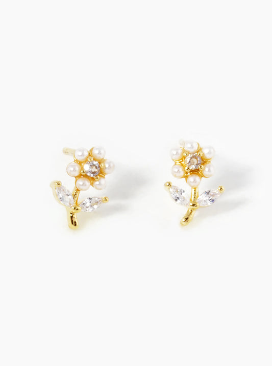 18k Gold Dipped Pearl And CZ Flower Stud Earrings