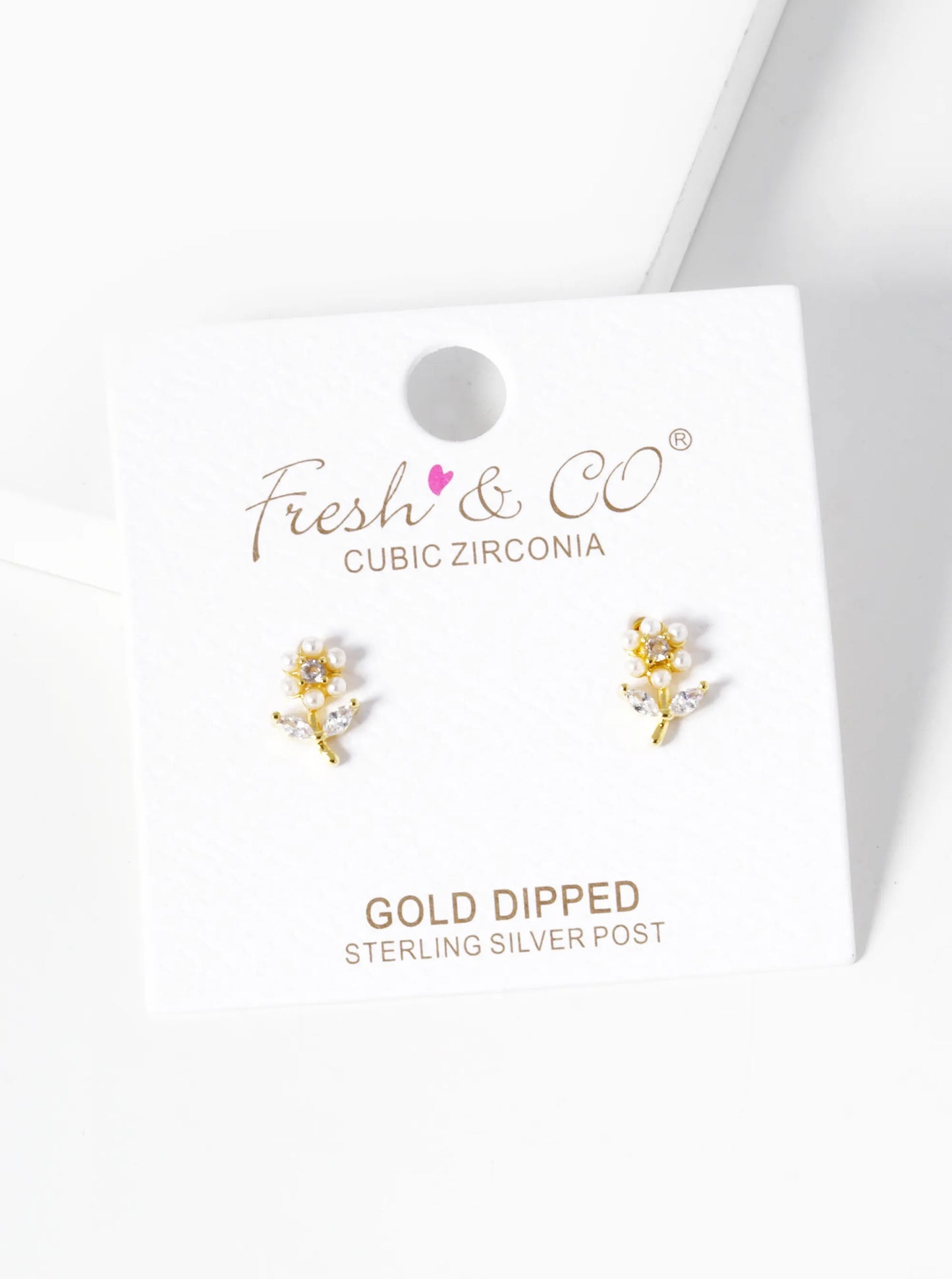 18k Gold Dipped Pearl And CZ Flower Stud Earrings