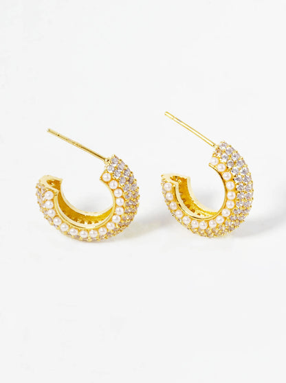 18k Gold Dipped Pearl And CZ Pave 15mm Hoop Earrings