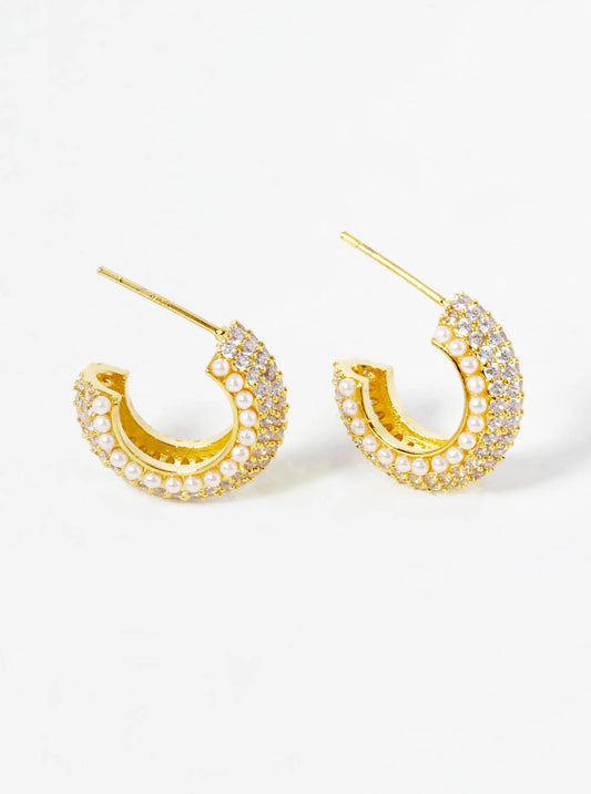 18k Gold Dipped Pearl And CZ Pave 15mm Hoop Earrings