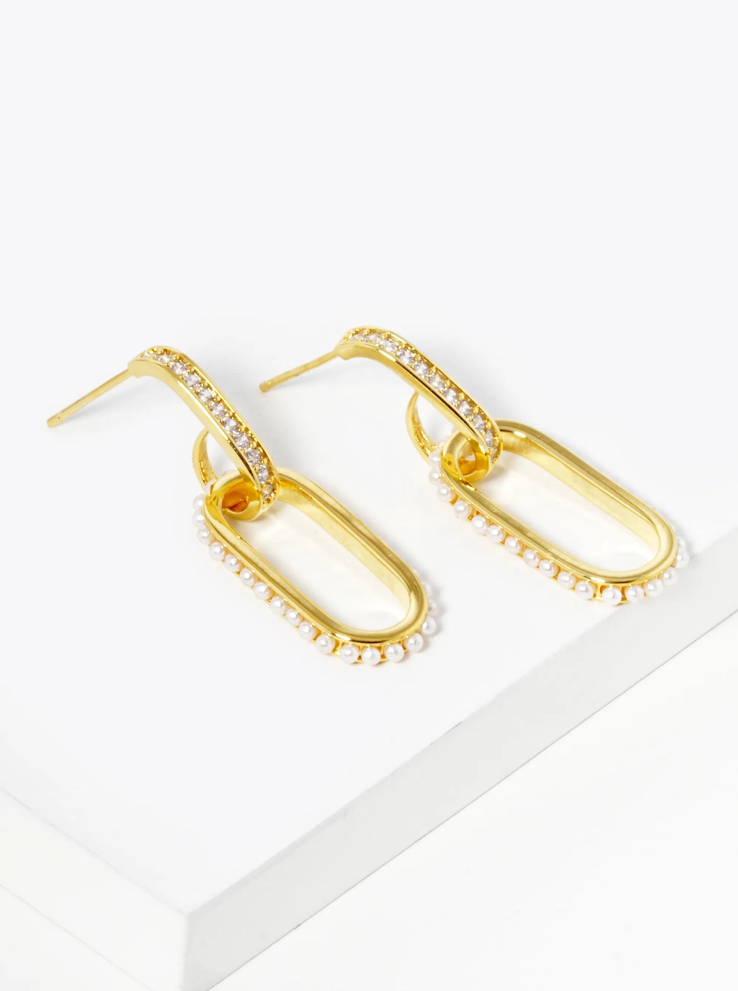 18k Gold Dipped Pearl And CZ Pave Chain Shape Hoop Earrings