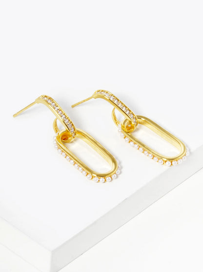 18k Gold Dipped Pearl And CZ Pave Chain Shape Hoop Earrings
