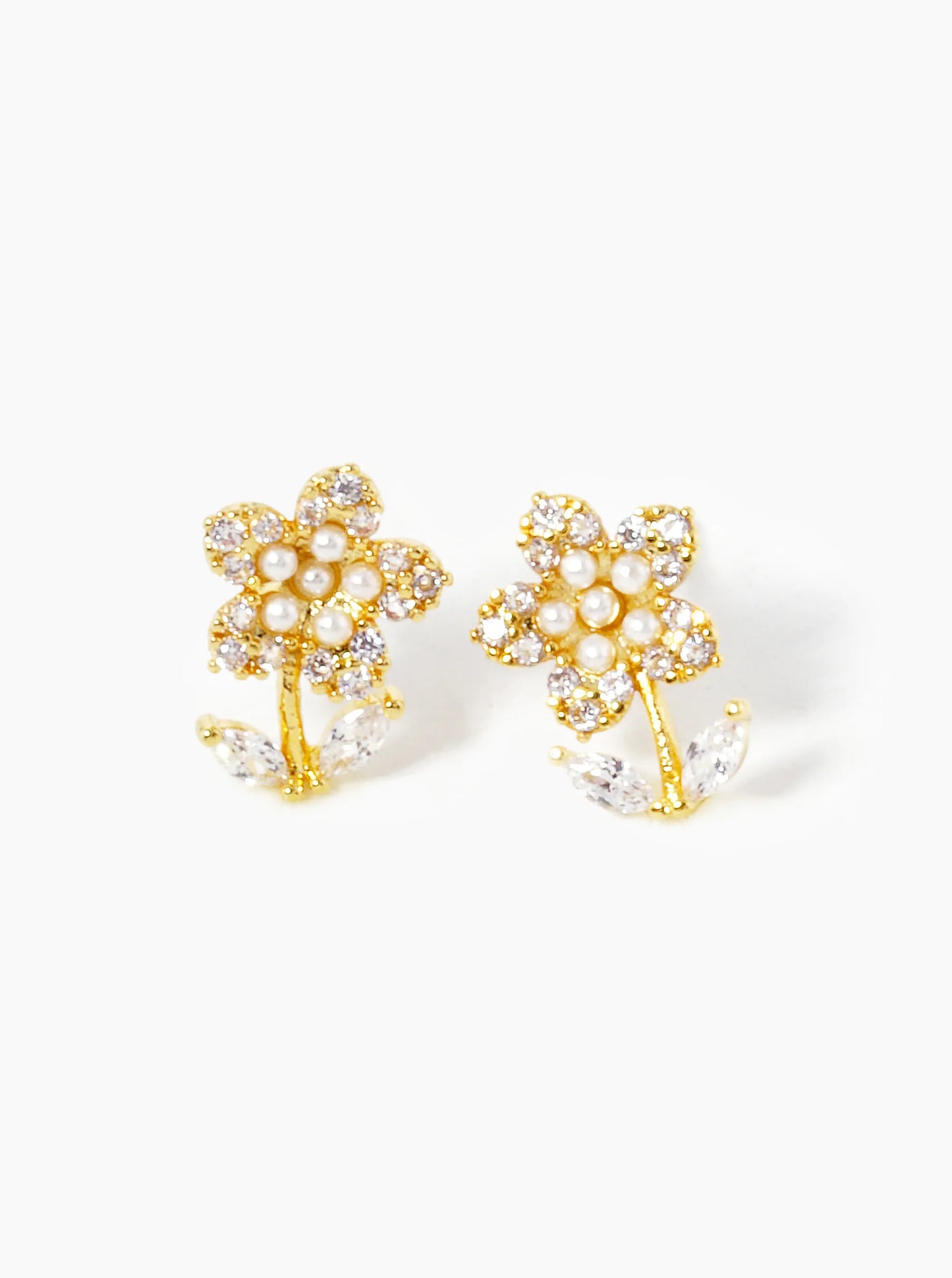 18k Gold Dipped Pearl And CZ Pave Flower Stud Earrings
