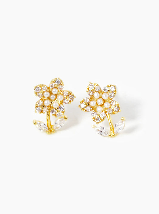 18k Gold Dipped Pearl And CZ Pave Flower Stud Earrings
