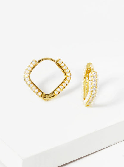 18k Gold Dipped Pearl And CZ Pave Rhombus Shape 15mm Hoop Earrings