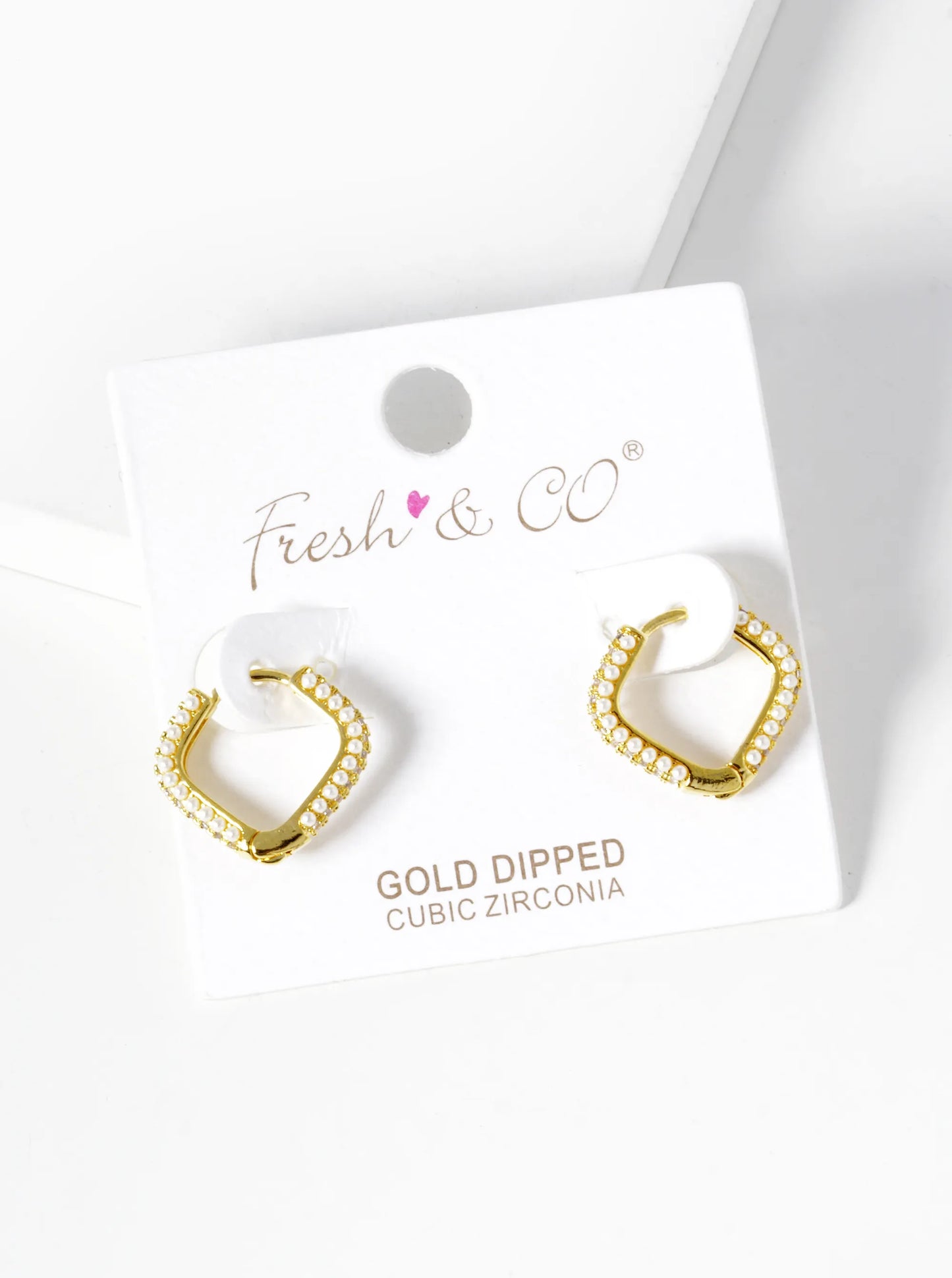 18k Gold Dipped Pearl And CZ Pave Rhombus Shape 15mm Hoop Earrings