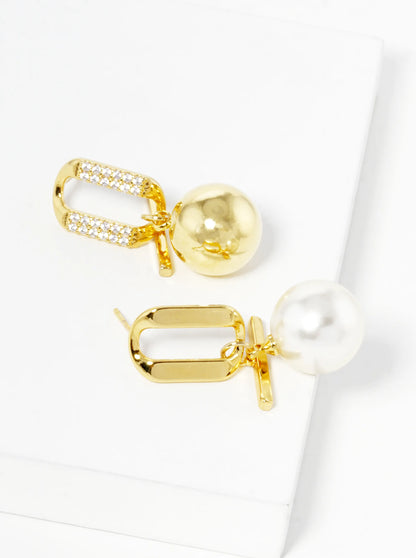 18k Gold Dipped Pearl And Metal Ball Drop CZ Pave Uneven Dangle Earrings