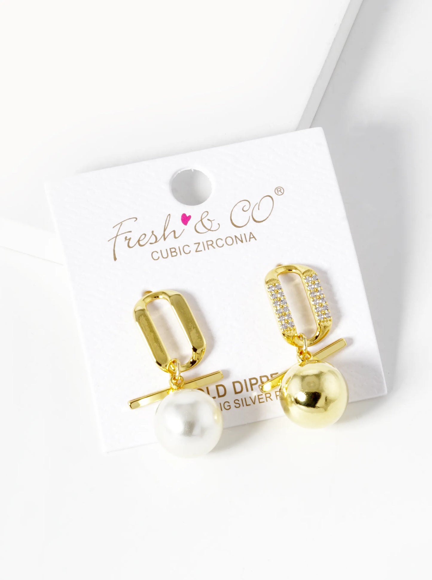 18k Gold Dipped Pearl And Metal Ball Drop CZ Pave Uneven Dangle Earrings