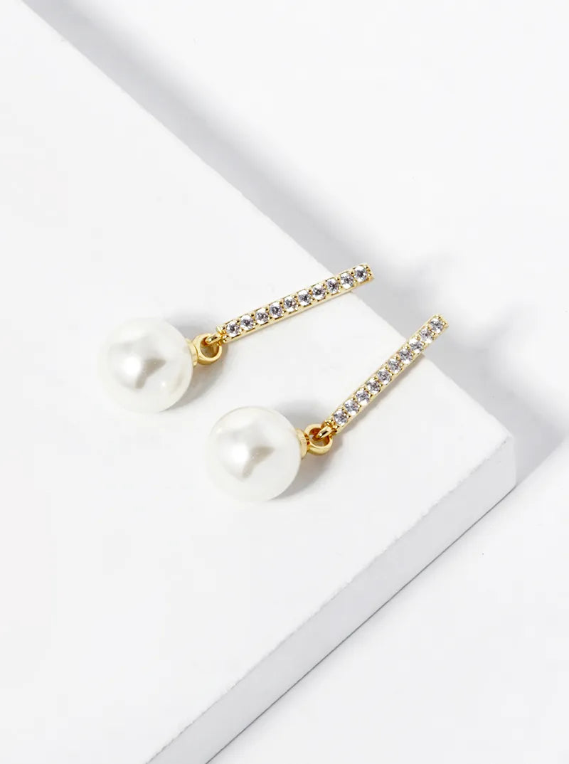 18k Gold Dipped Pearl Bead Drop CZ Pave Bar Dangle Earrings