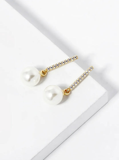 18k Gold Dipped Pearl Bead Drop CZ Pave Bar Dangle Earrings
