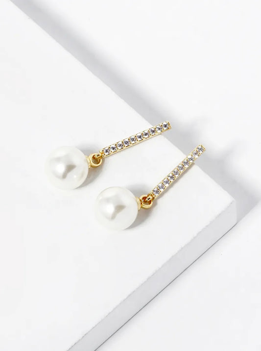 18k Gold Dipped Pearl Bead Drop CZ Pave Bar Dangle Earrings