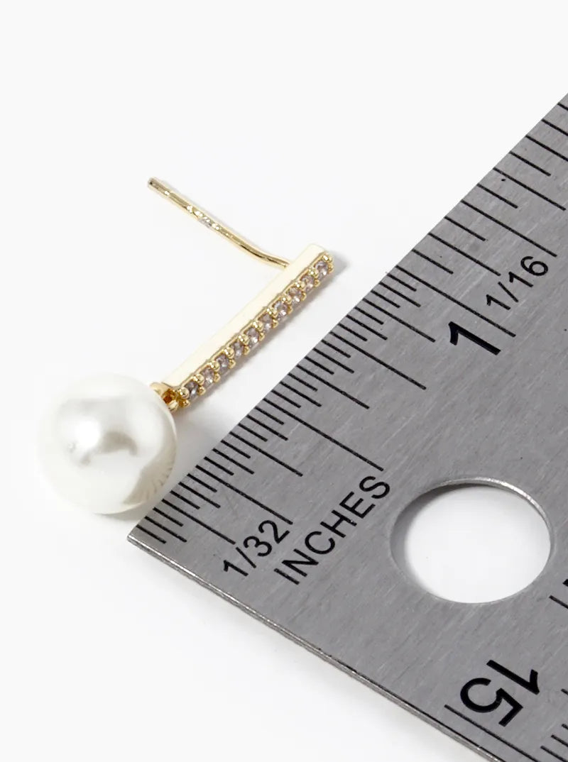 18k Gold Dipped Pearl Bead Drop CZ Pave Bar Dangle Earrings