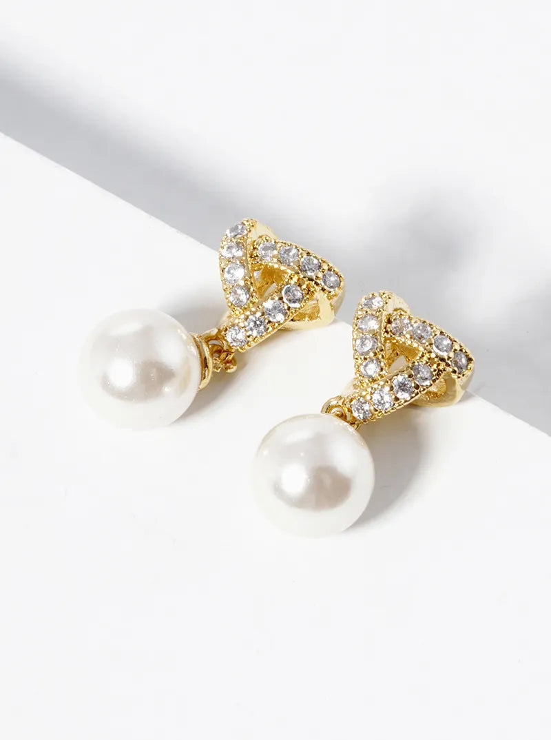18k Gold Dipped Pearl Bead Drop CZ Pave Triangle Dangle Post Earrings