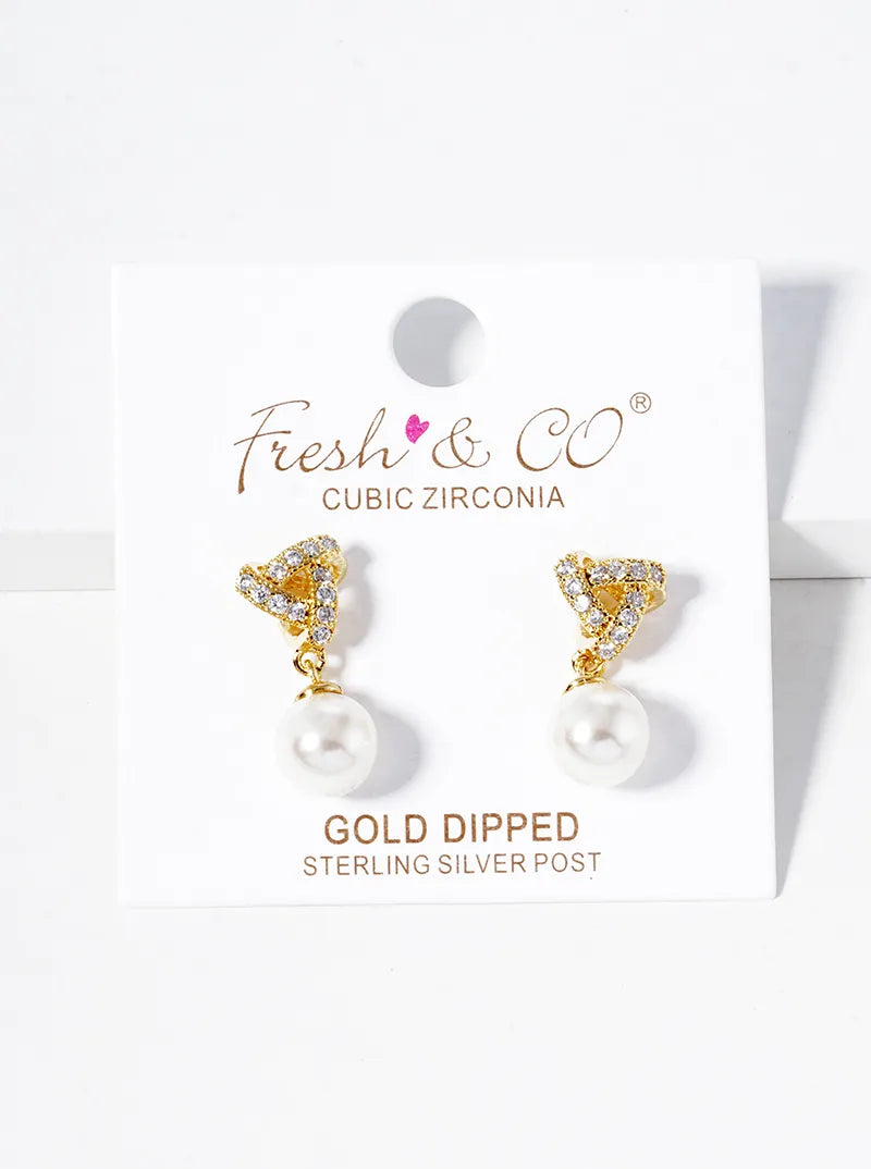 18k Gold Dipped Pearl Bead Drop CZ Pave Triangle Dangle Post Earrings
