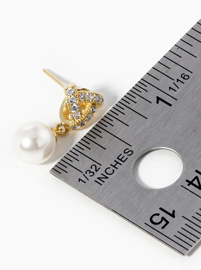 18k Gold Dipped Pearl Bead Drop CZ Pave Triangle Dangle Post Earrings