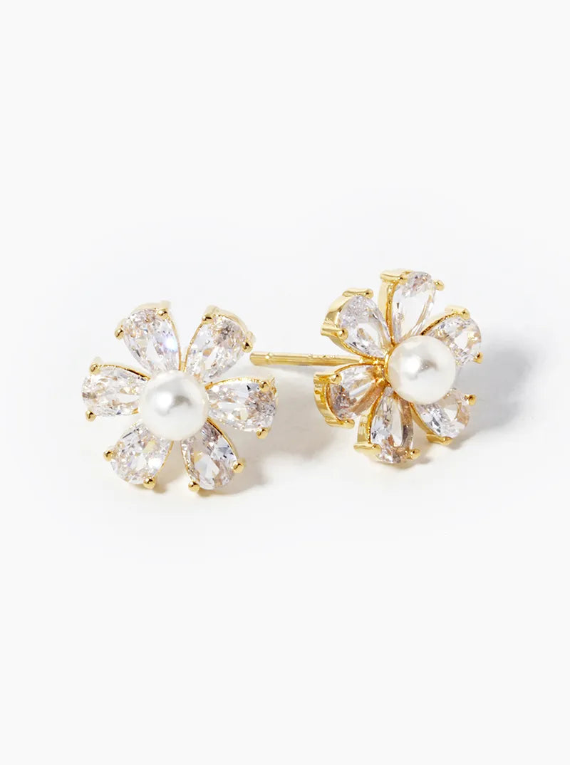 18k Gold Dipped Pearl CZ Flower Stud Earrings