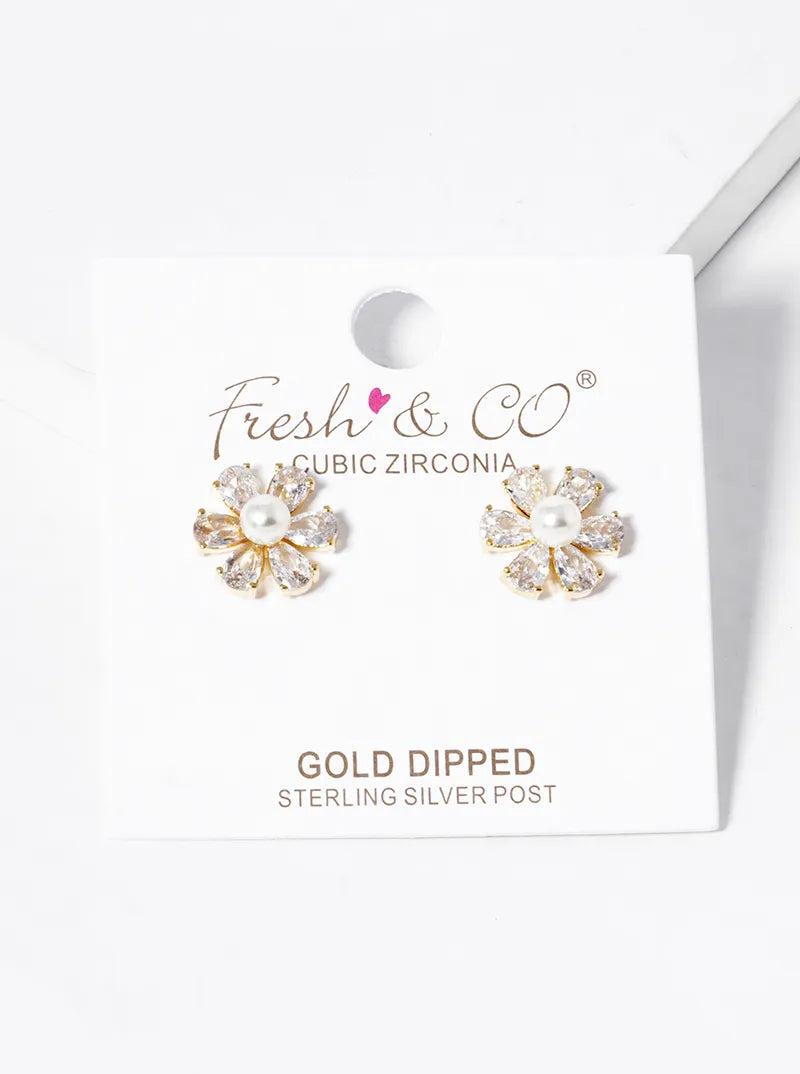 18k Gold Dipped Pearl CZ Flower Stud Earrings