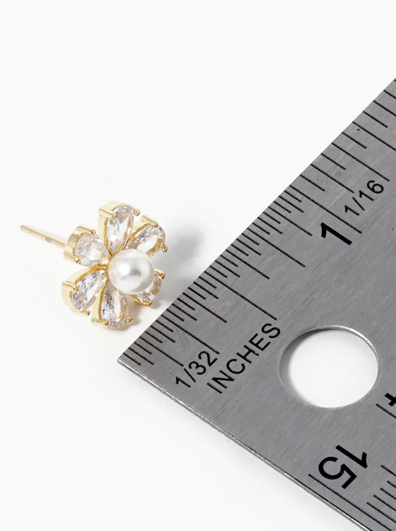 18k Gold Dipped Pearl CZ Flower Stud Earrings