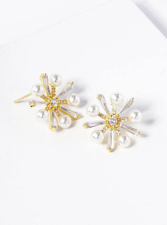 18k Gold Dipped Pearl CZ Pave Snowflake Stud Earrings