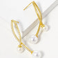 White Gold Dipped Pearl Drop CZ Pave Curved Double Bar Post Earrings