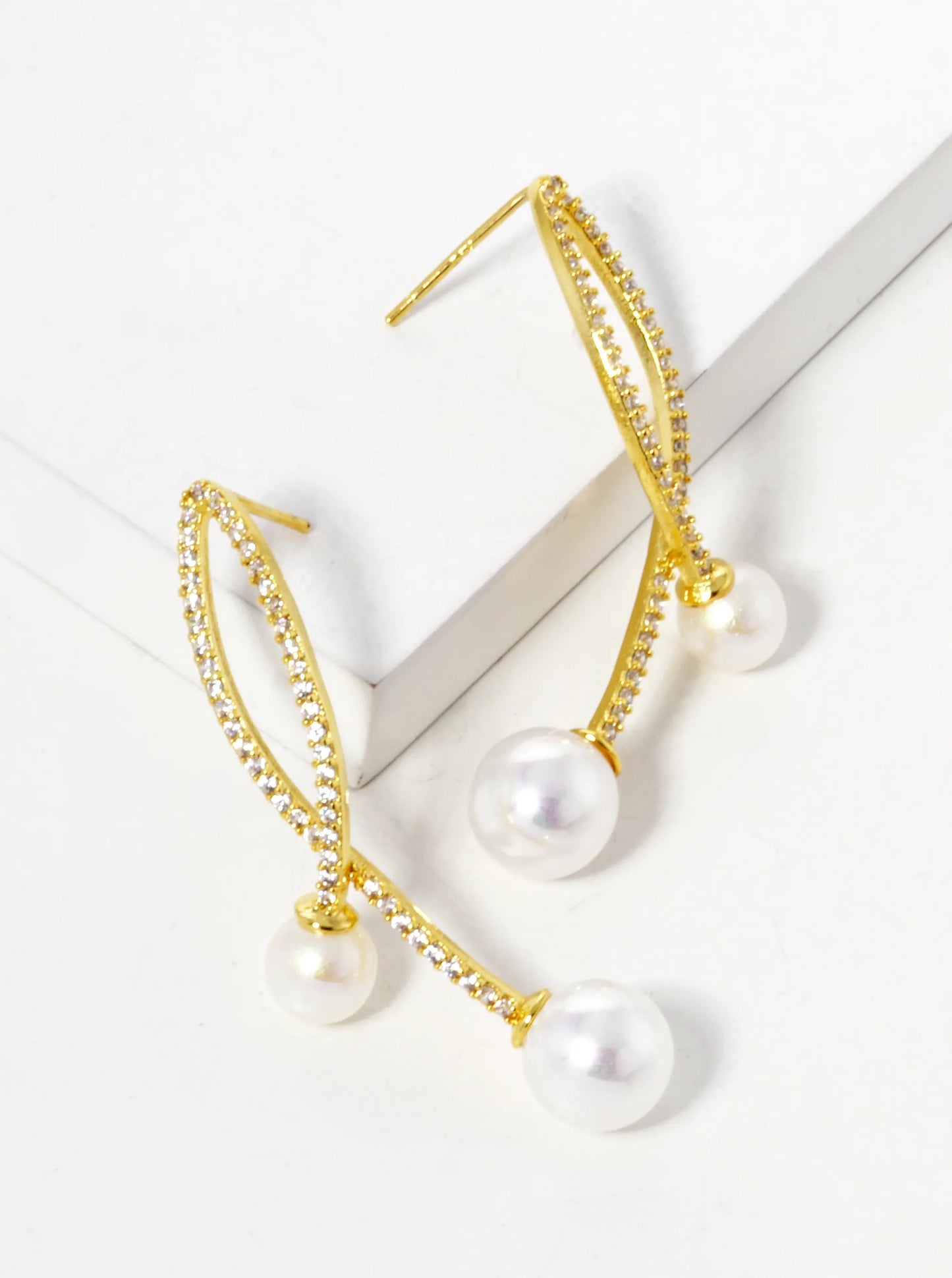 White Gold Dipped Pearl Drop CZ Pave Curved Double Bar Post Earrings