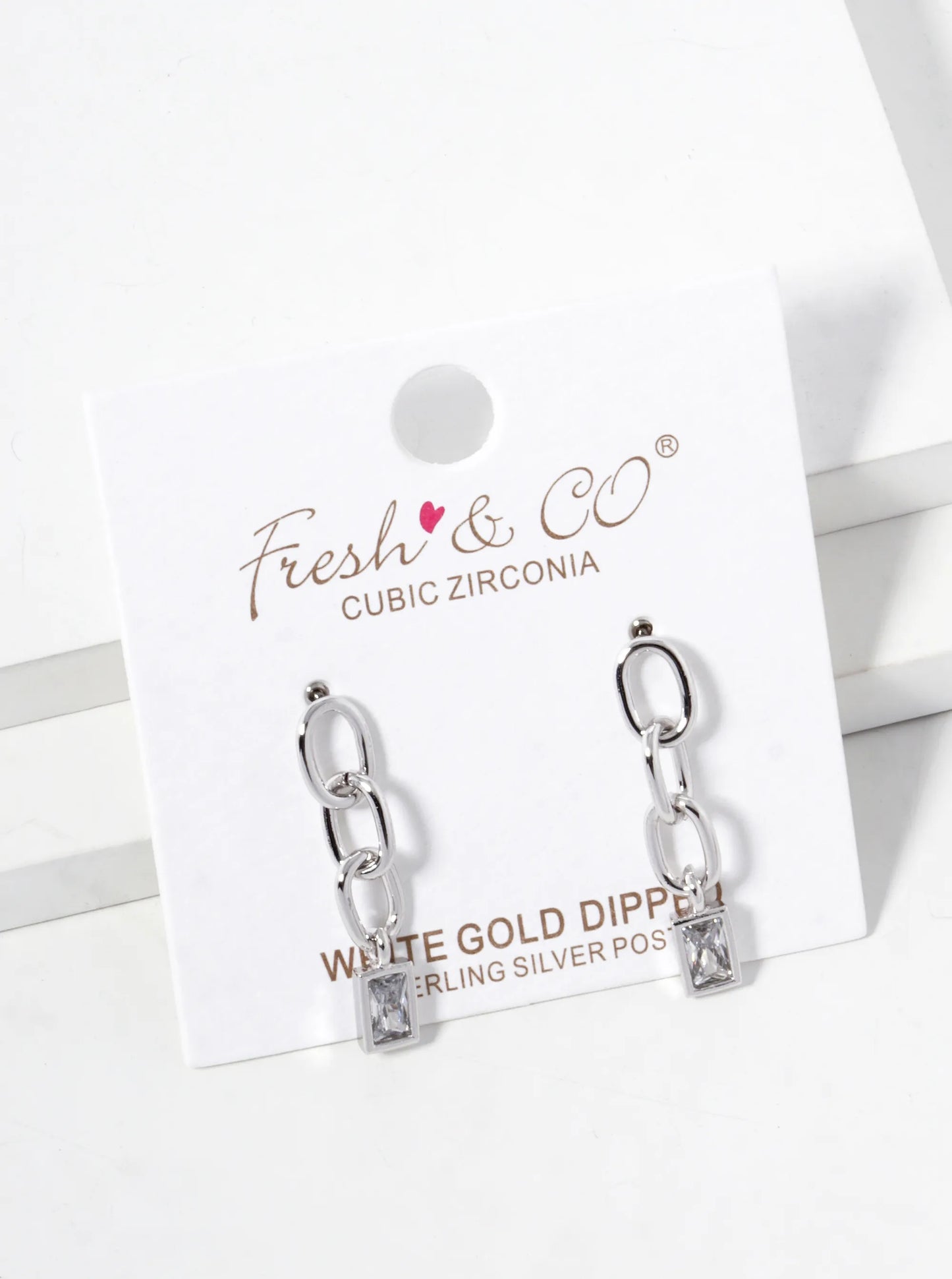 18k Gold Dipped Rectangle CZ Drop Chain Post Earrings