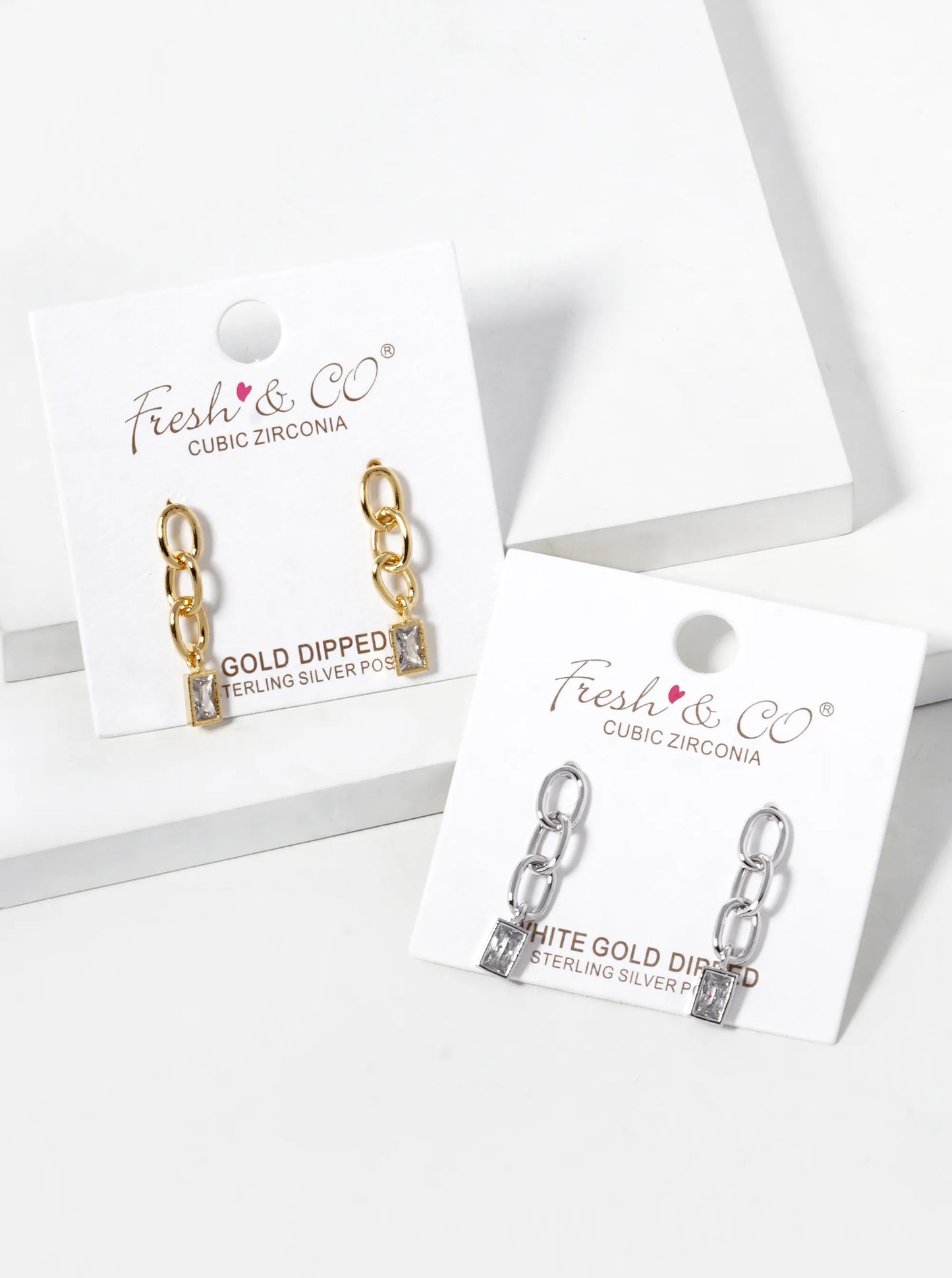 18k Gold Dipped Rectangle CZ Drop Chain Post Earrings