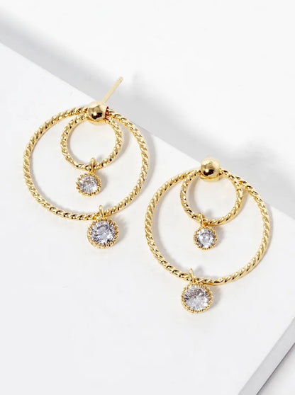 18k Gold Dipped Round CZ Drop Double Circle Post Earrings
