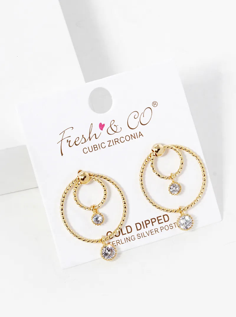 18k Gold Dipped Round CZ Drop Double Circle Post Earrings