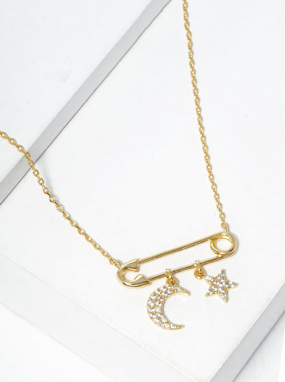 18k Gold Dipped Safety Pin With Star And Moon Drop Pendant Necklace
