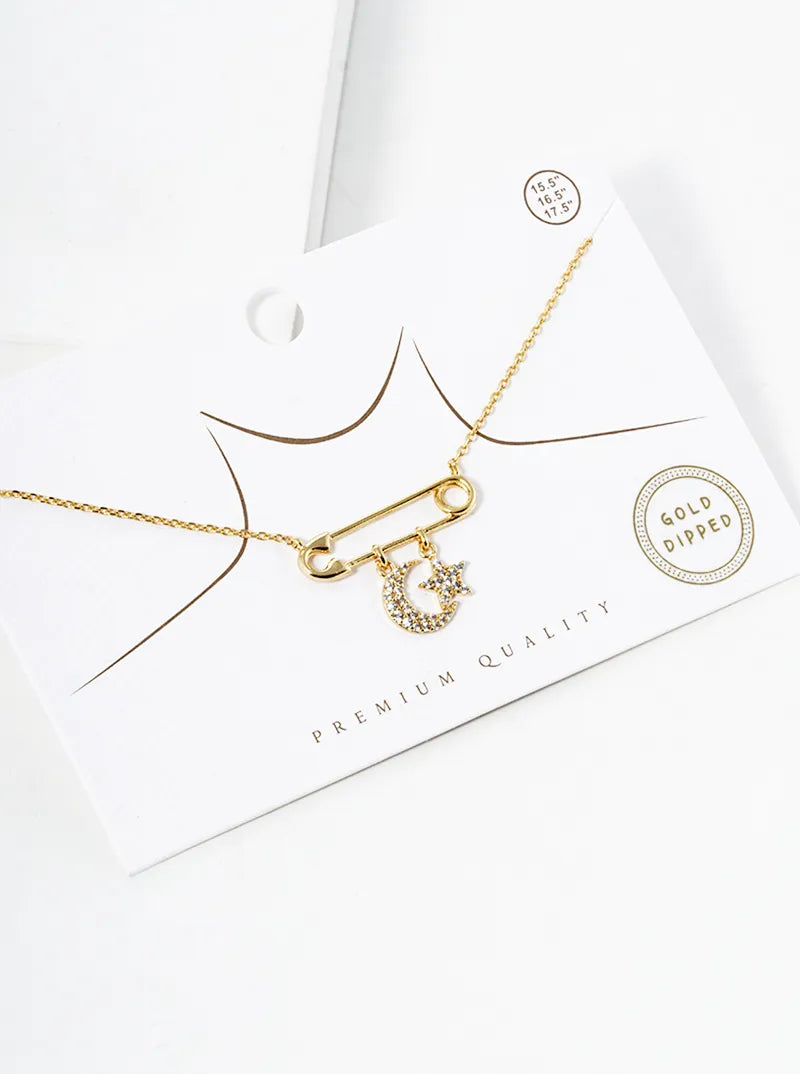 18k Gold Dipped Safety Pin With Star And Moon Drop Pendant Necklace