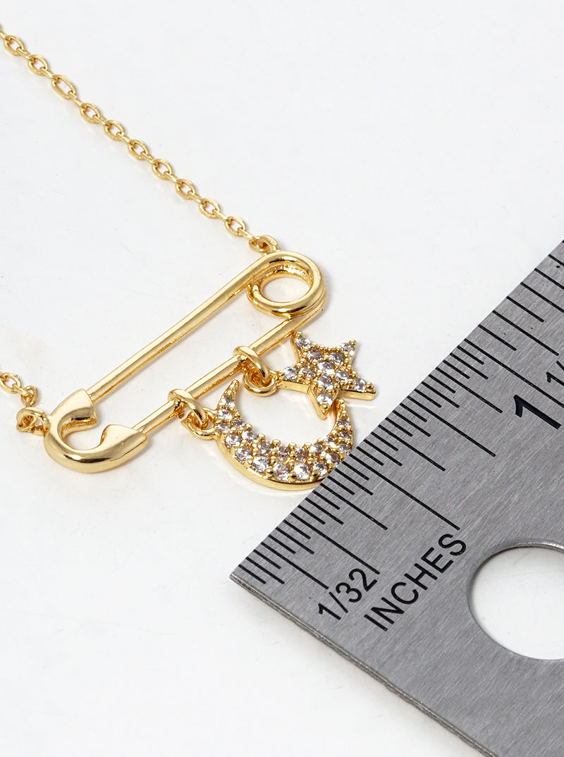 18k Gold Dipped Safety Pin With Star And Moon Drop Pendant Necklace