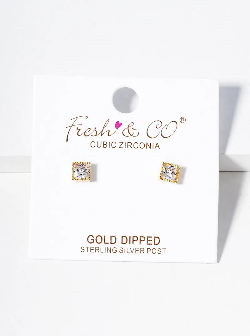 18k Gold Dipped Square 4mm CZ Stone Post Stud Earrings