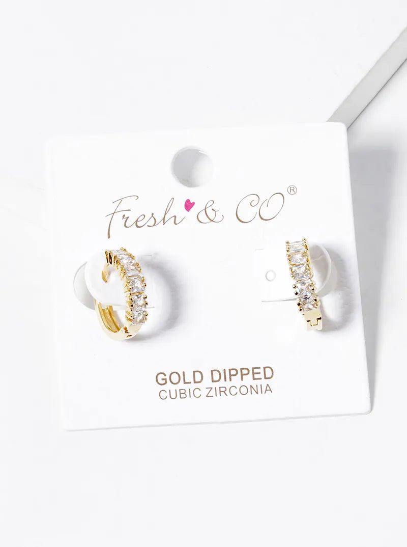 18k Gold Dipped Square CZ Pave 12mm Huggie Hoop Earrings