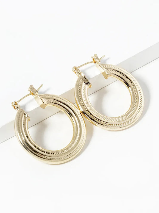18k Gold Dipped Textured Metal 30mm Latch Back Hoop Earrings