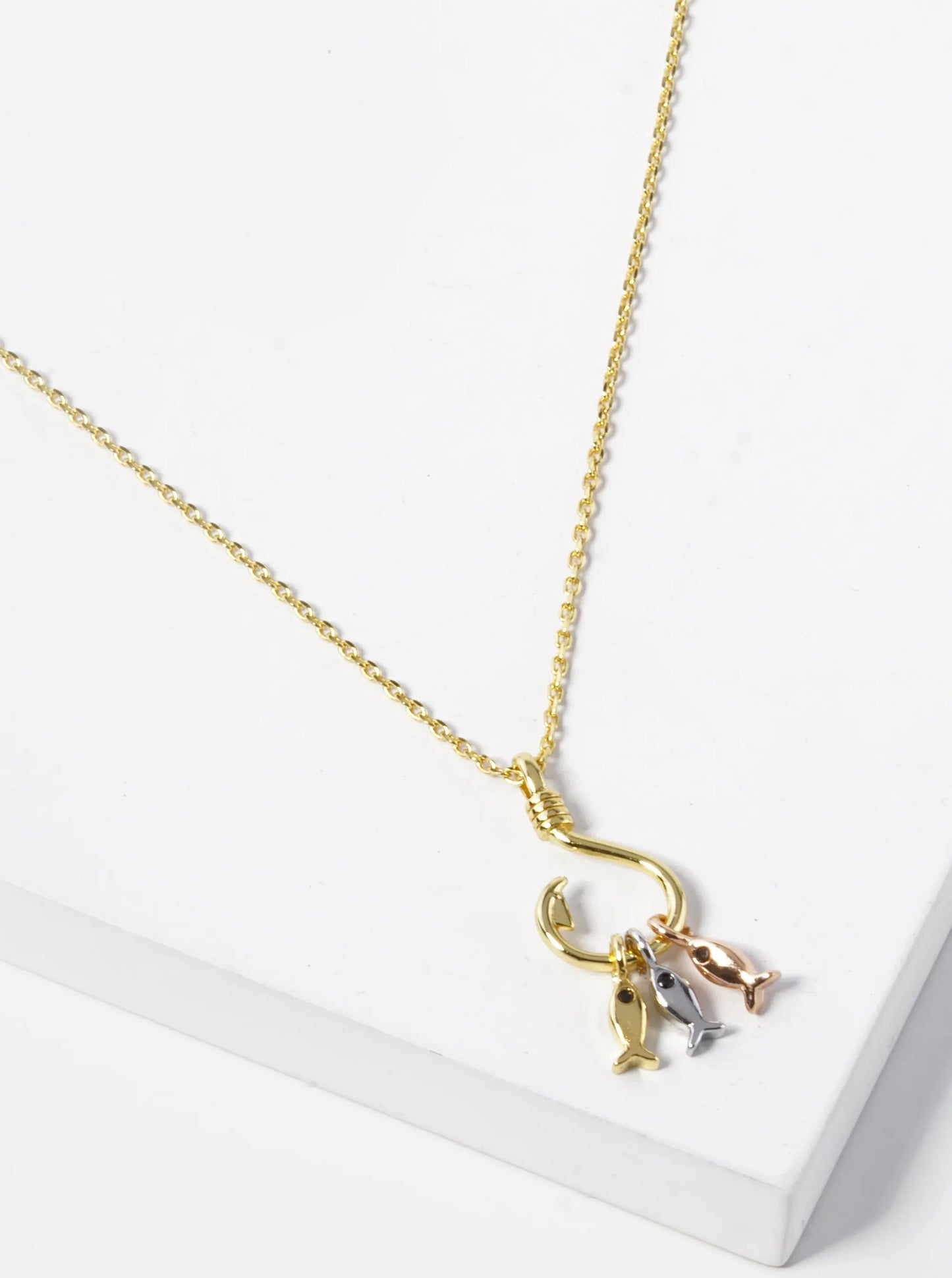 18k Gold Dipped Three Fish With A Hook Pendant Necklace