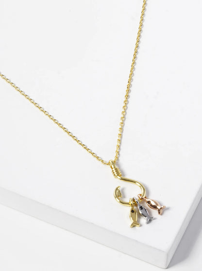 18k Gold Dipped Three Fish With A Hook Pendant Necklace